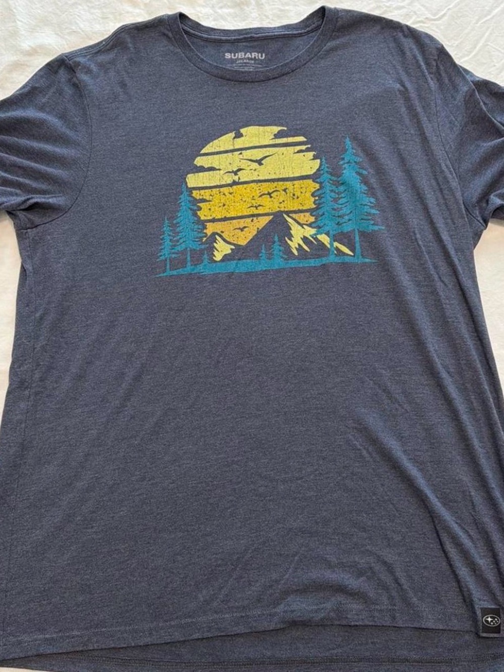 Men’s Dark Blue Graphic Short Sleeve Tee with Yellow & Teal Outdoor Print